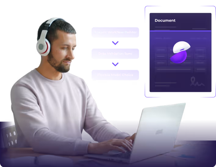Man wearing headphones typing on a laptop with floating text blocks labeled Agentic Workflow Builder, Data Validation Sync, and Flexible Model Choice.