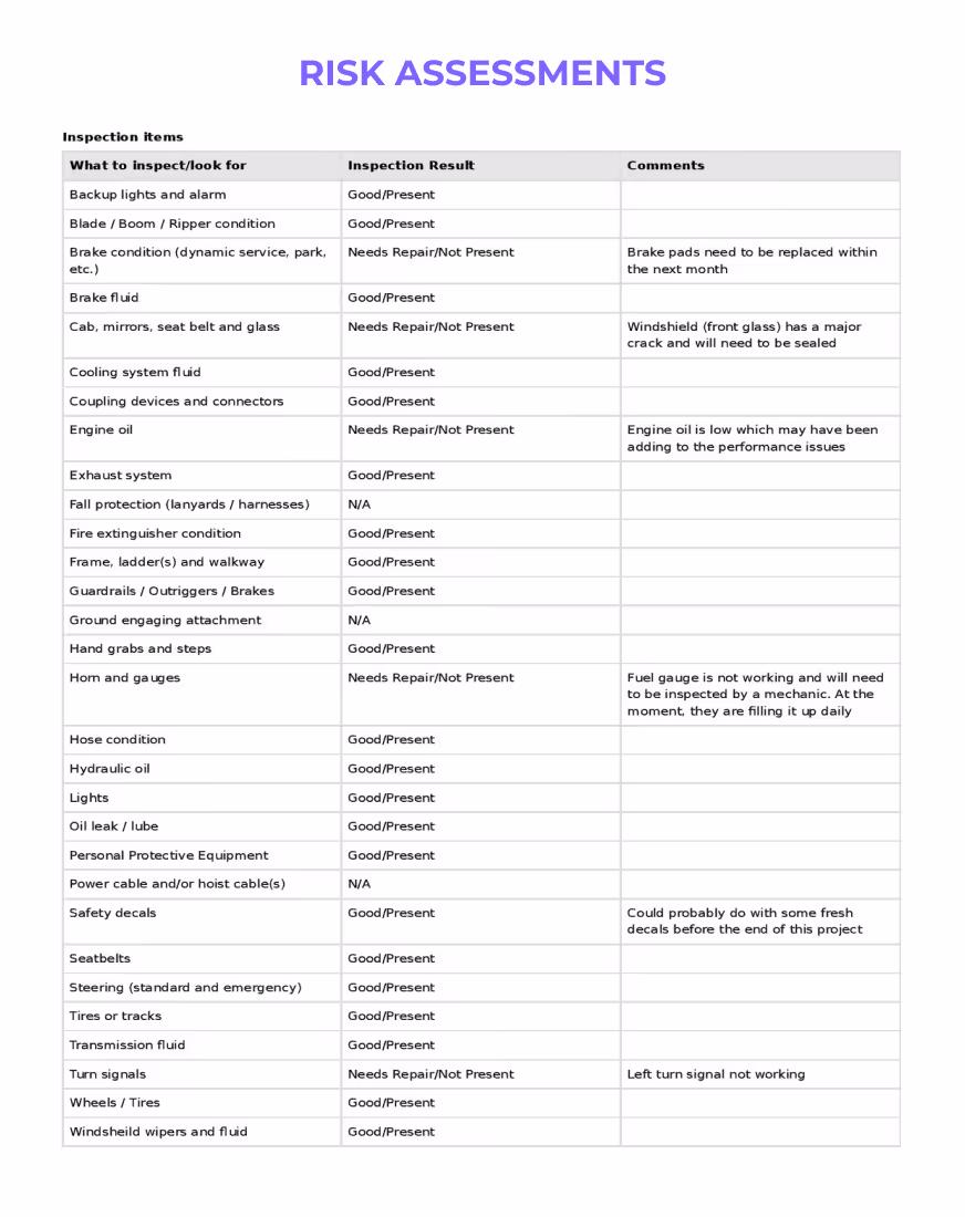 Risk assessment document