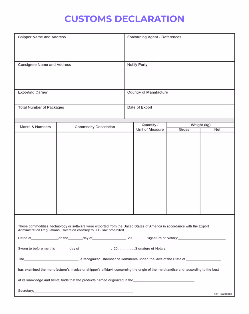 Customs declaration document