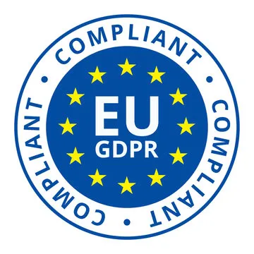 Blue circular badge with twelve yellow stars and text 'EU GDPR' in the center, surrounded by 'COMPLIANT' repeated three times.