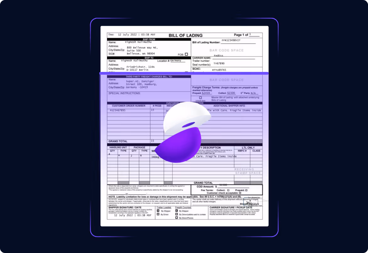 Bill of lading document showing shipment details, addresses, charges, and signatures on a digital screen.