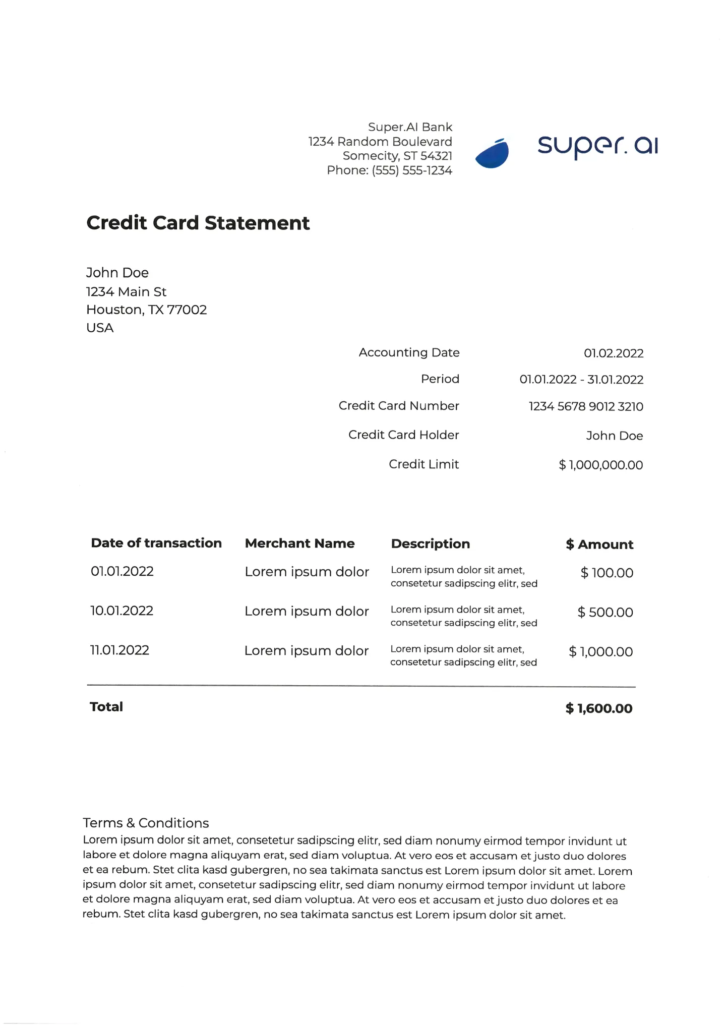 Credit card statement from super.AI Bank for John Doe showing transactions from January 2022 totaling $1,600, with merchant names, dates, descriptions, and terms and conditions text.
