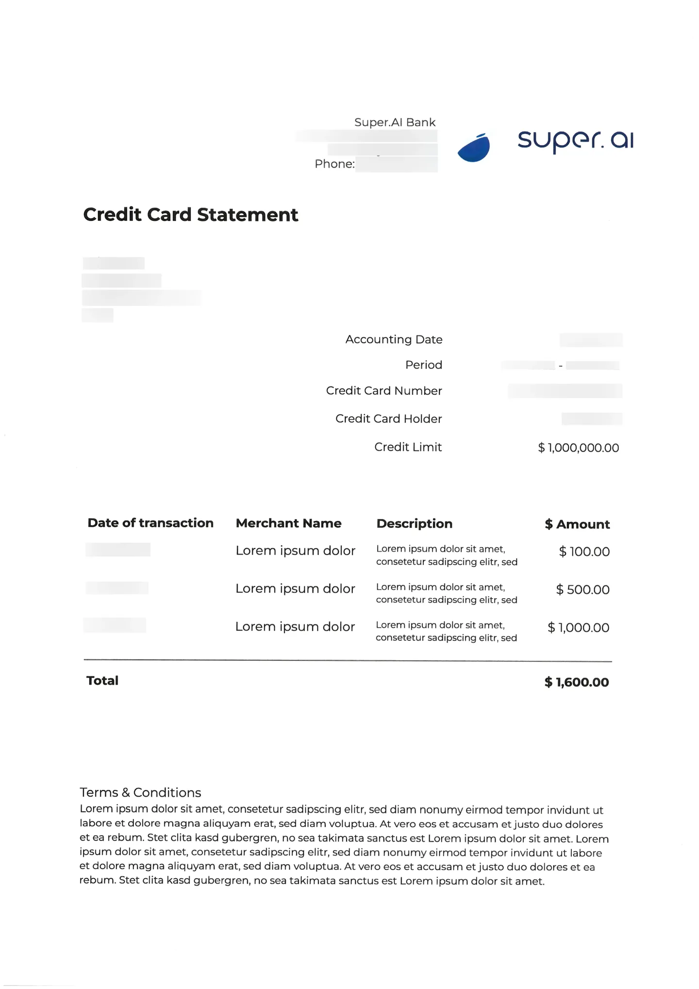 The same credit card statement with account numbers, names, and transaction details redacted behind black bars.