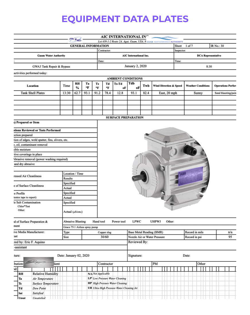Equipment data plate form featuring sections for general information, technical data, and a central image of equipment, accompanied by detailed specifications and notes.