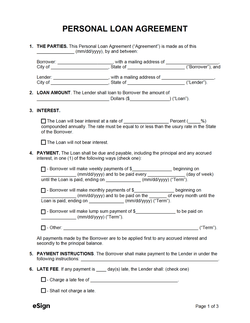 Legal document template for a personal loan agreement featuring sections for the parties' information, loan terms, payment schedule, and areas for witness and signatory authentication.