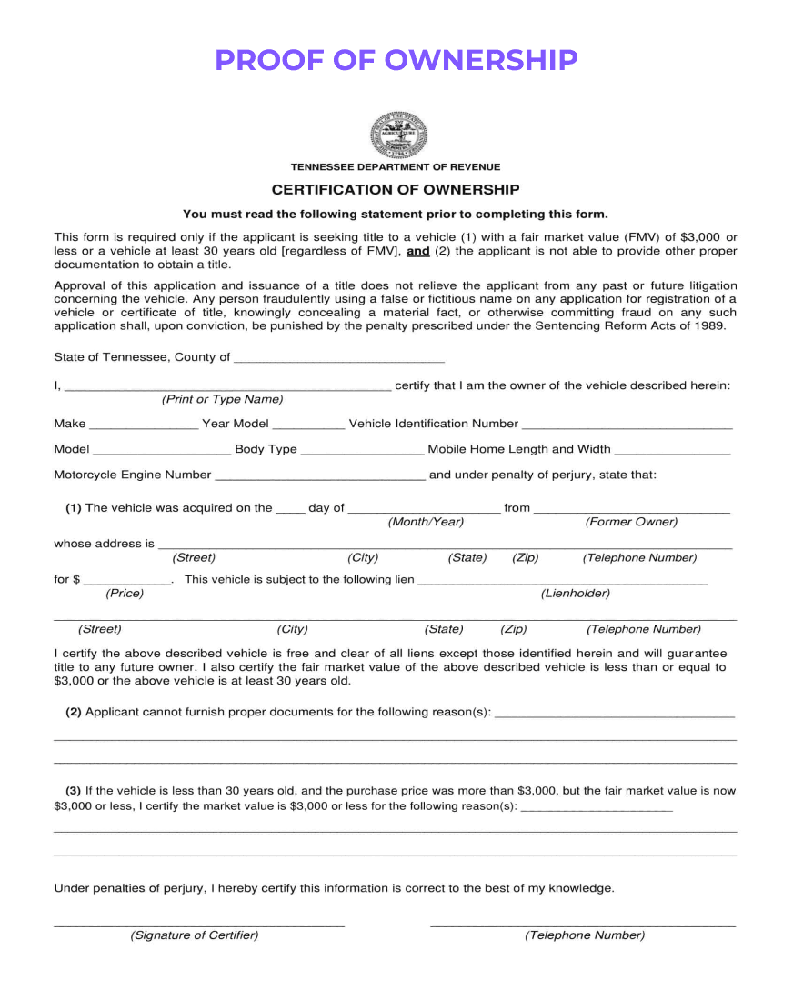 Proof of Ownership document with company logo, outlining the property details, owner information, and declaration, complete with notary section for formal authentication.