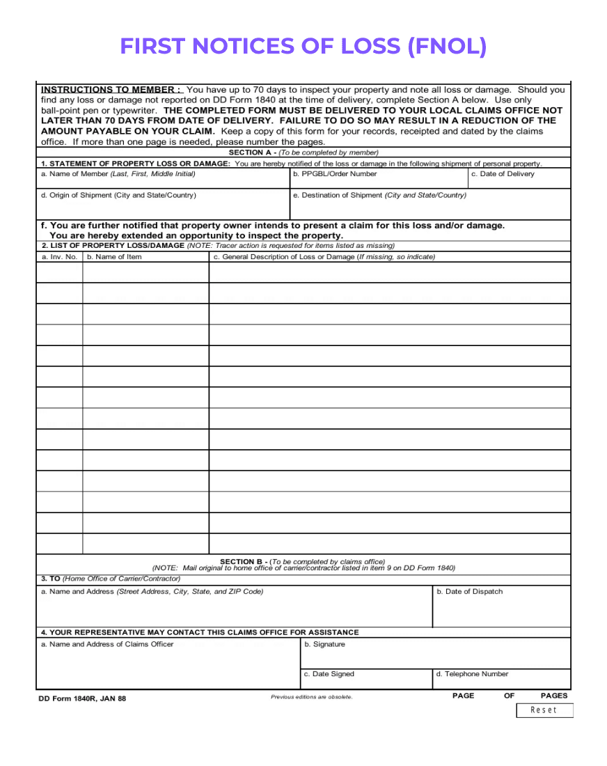 Form titled 'FIRST NOTICE OF LOSS (FNOL)' for insurance reporting, with fields for incident details, policy information, and contact details, against a lilac background.