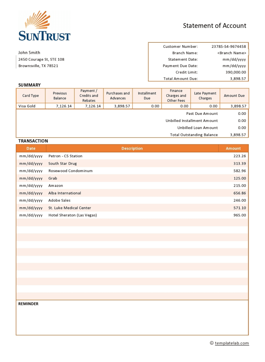 Colorful Statement of Account document from 'SafeStreets' with orange headers, including sections for account and statement details, a summary box, and an itemized list of transactions.