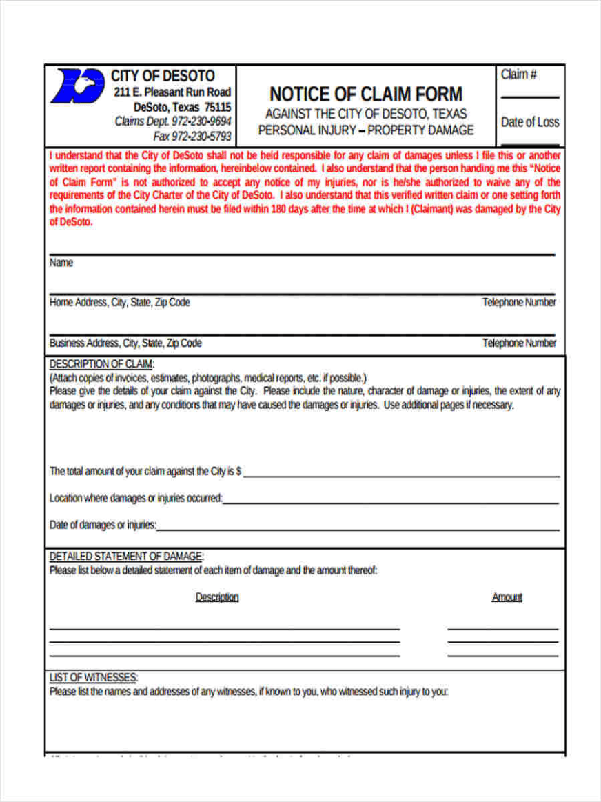 Notice of Claim form with company logo, red and blue headers, sections for claimant information, accident details, vehicle information, and insurance policy data.
