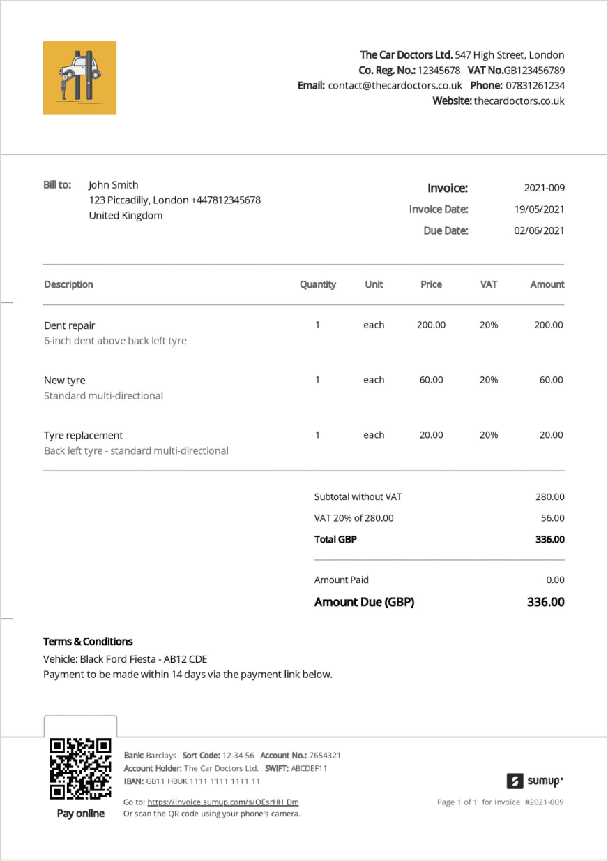 Detailed invoice with company logo, bill to and ship to information, table of quantities, descriptions, unit price, line total, subtotal, tax, and total, along with QR code and payment instructions.