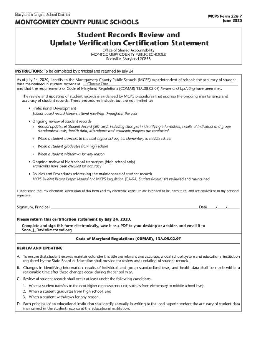 Document titled 'EDUCATION RECORDS REVIEW AND UPDATE NOTIFICATION STATEMENT' with instructions for record updates, student identification, and history sections.