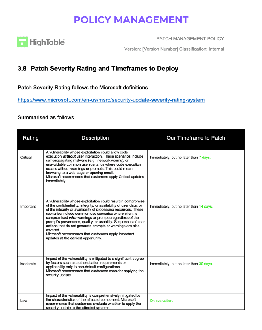Insurance policy document from BigPolicy detailing '5.8 Patch Security Policy and Standards for Buying,' specifying guidelines and requirements for cybersecurity insurance coverage.