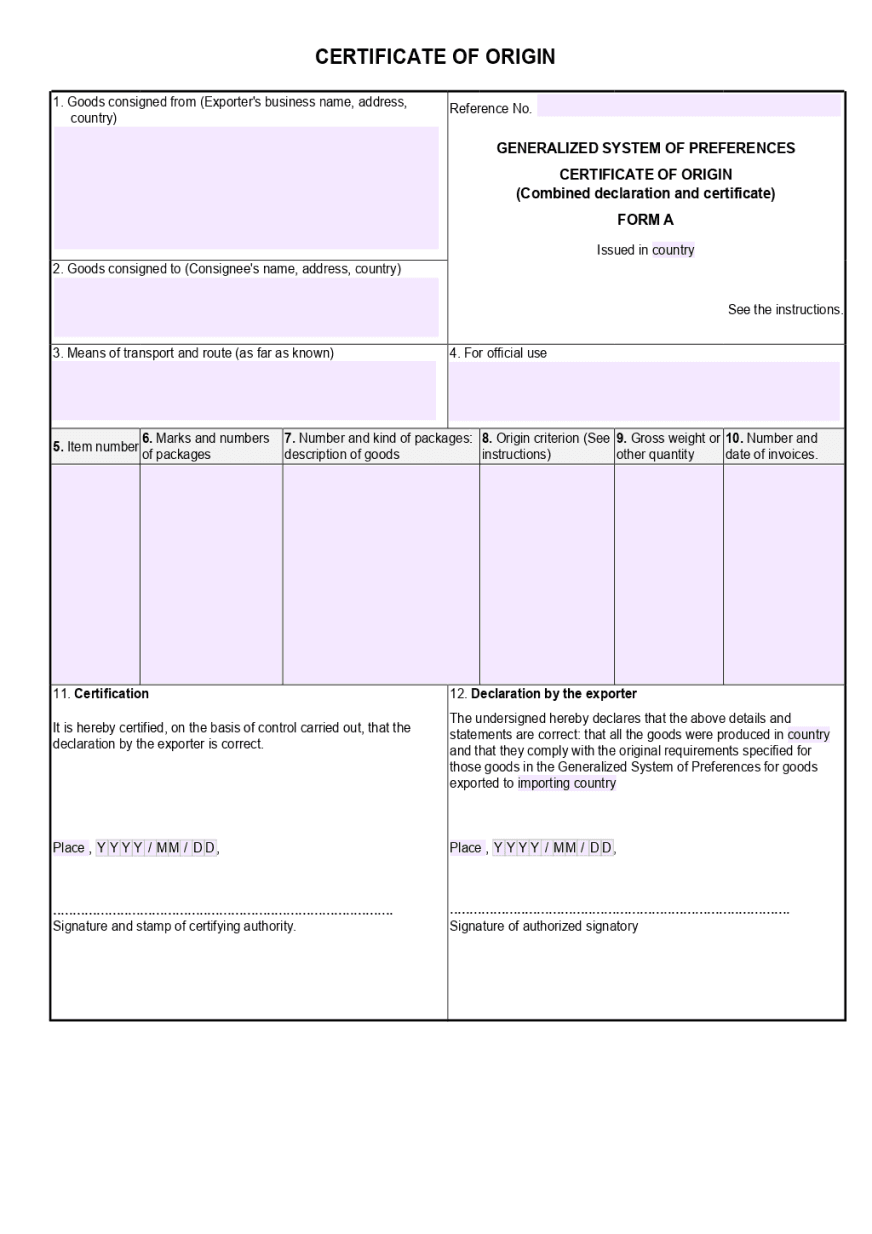 This image shows a blank "CERTIFICATE OF ORIGIN" form with fields for exporter information, consignee details, transportation and route, description of goods, and authorization. The form features a pink and white color scheme, is divided into sections for clarity, and includes a certification area at the bottom right for official use.