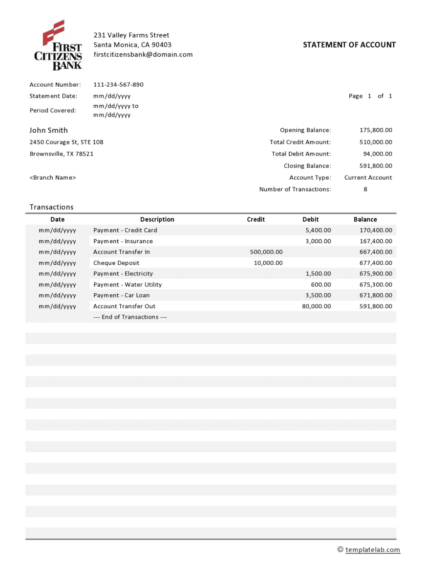 Statement of Account form featuring a company logo, with sections for client information, transaction details, charges, credits, and totals, in a clear and professional layout.