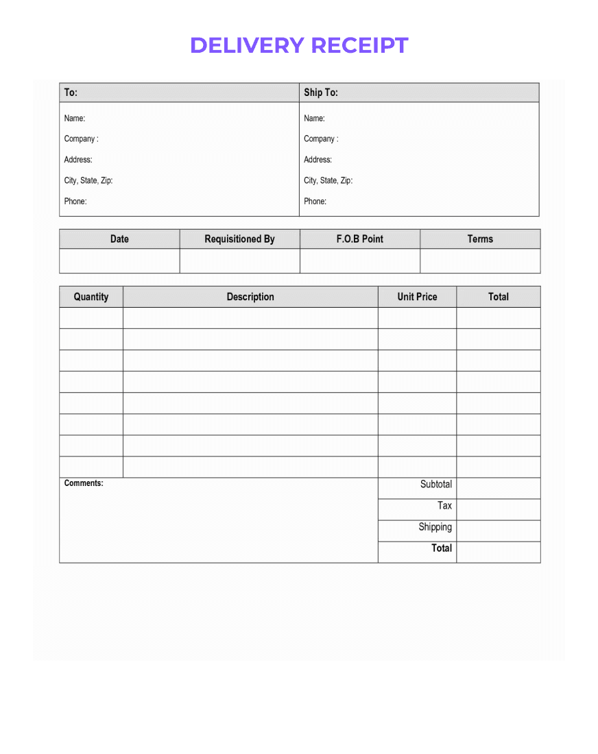 A blank 'DELIVERY RECEIPT' form with sections for company and driver details, and a table for itemized delivery descriptions, quantities, and signatures.