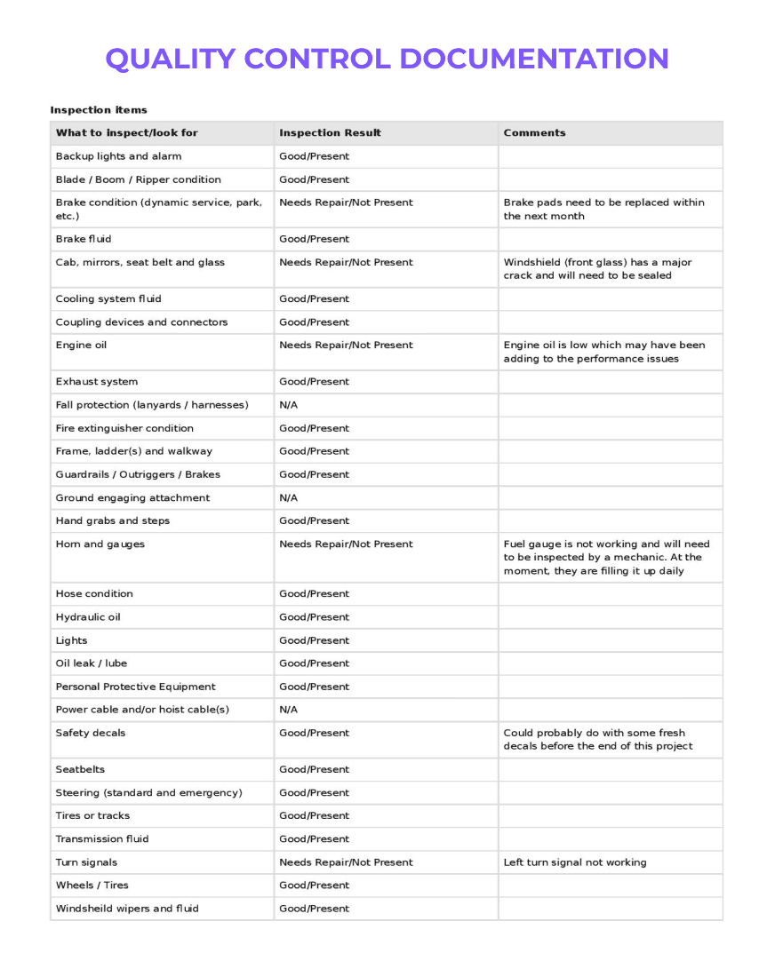 Quality Control Documentation form with a violet header, featuring fields for inspection details, criteria, observations, and actions taken, structured in a clear, organized table format.
