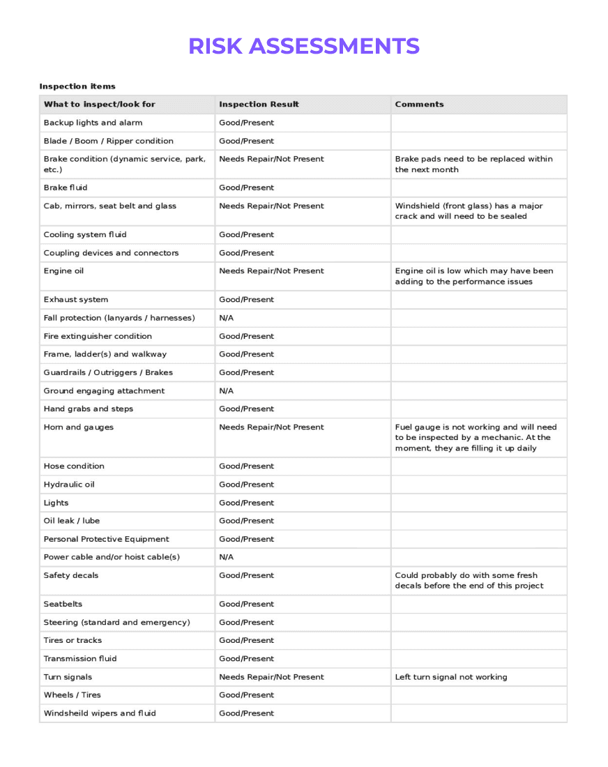 Risk assessment form with a violet header, including fields for risk description, likelihood, impact, existing controls, and additional control measures needed.