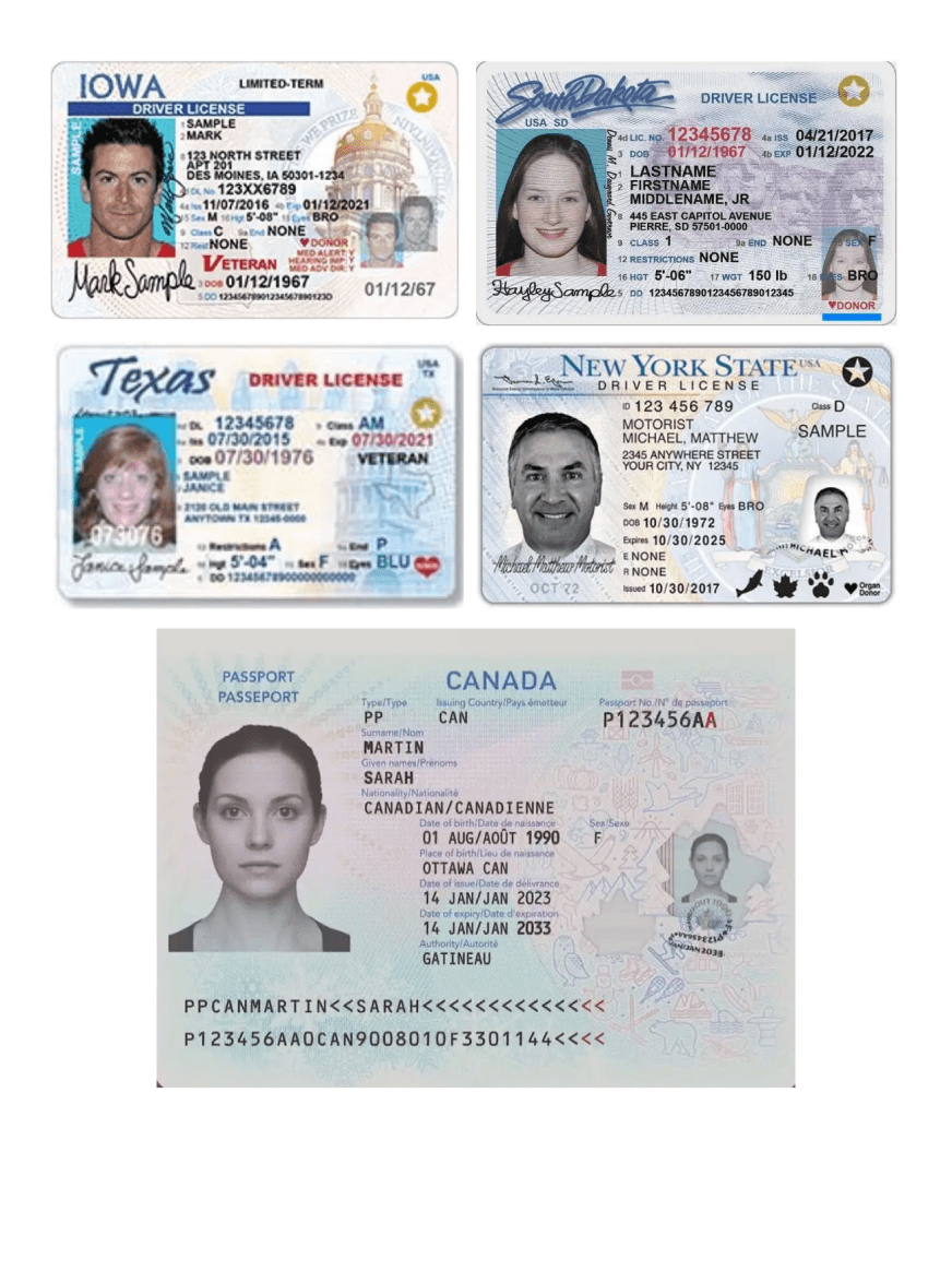 The image shows a collage of six different driver's licenses and identification cards, each with a photograph, name, and state or country of issue indicated, along with various security features and design elements.