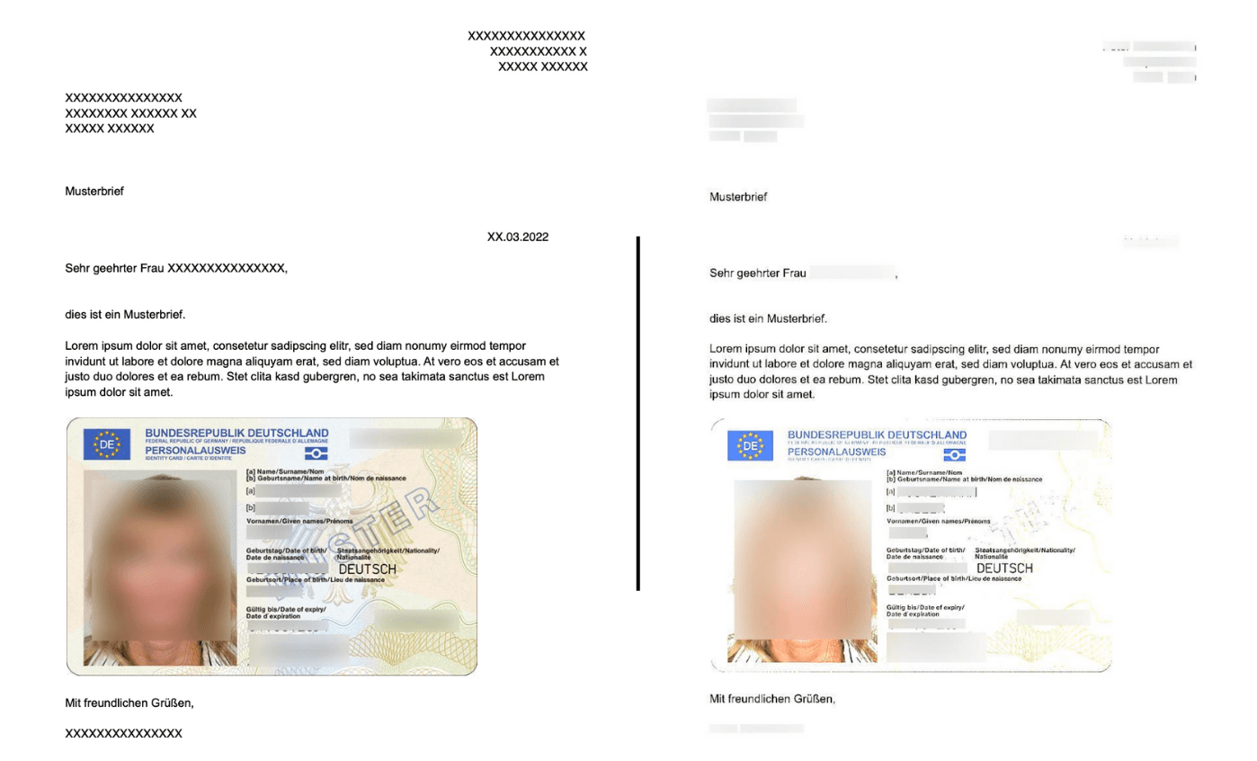 Left: Example depicting AI-automated redaction of a machine-readable PDF. Right: Redaction of a scanned PDF document.