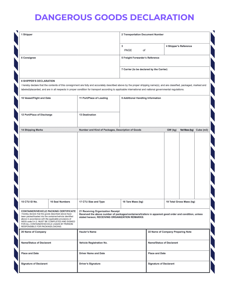 A blank 'DANGEROUS GOODS DECLARATION' form with blue-striped headers, ready for shipping hazardous materials information.