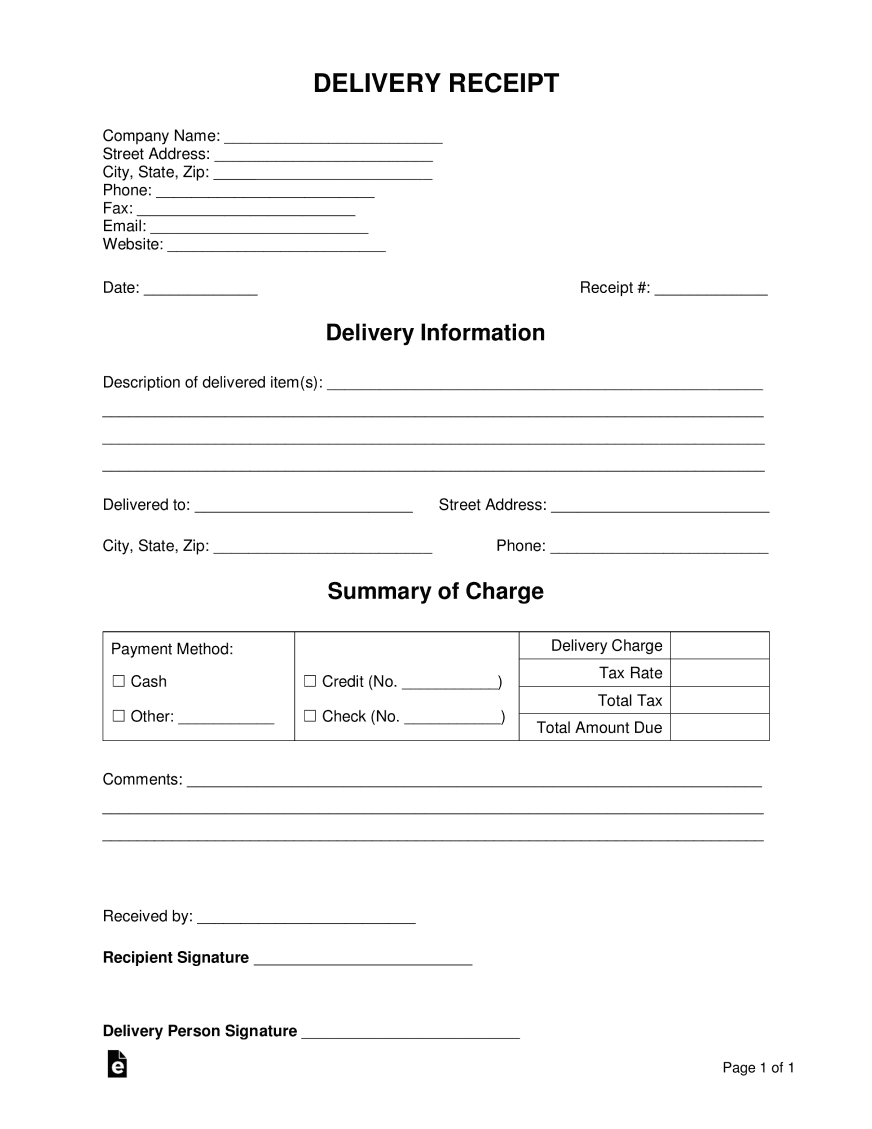 Delivery receipt template featuring fields for sender and recipient details, delivery information, and a summary of charges with a signature block at the bottom.