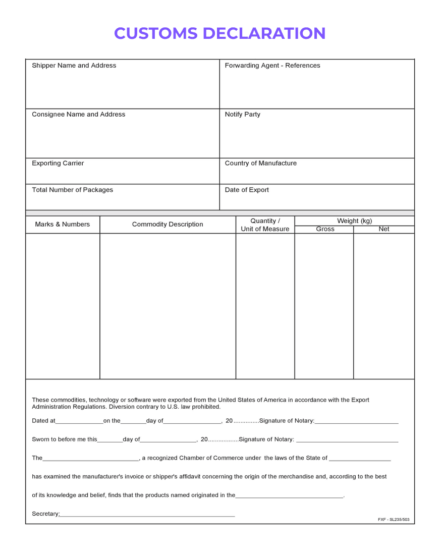 This image features a blank "OUTGOING DECLARATION" form with sections for exporter and consignee information, country of origin and destination, a declaration statement with signature fields, and a notice about legal accountability for false statements. Spaces for official use indicating licensing requirements are also present.