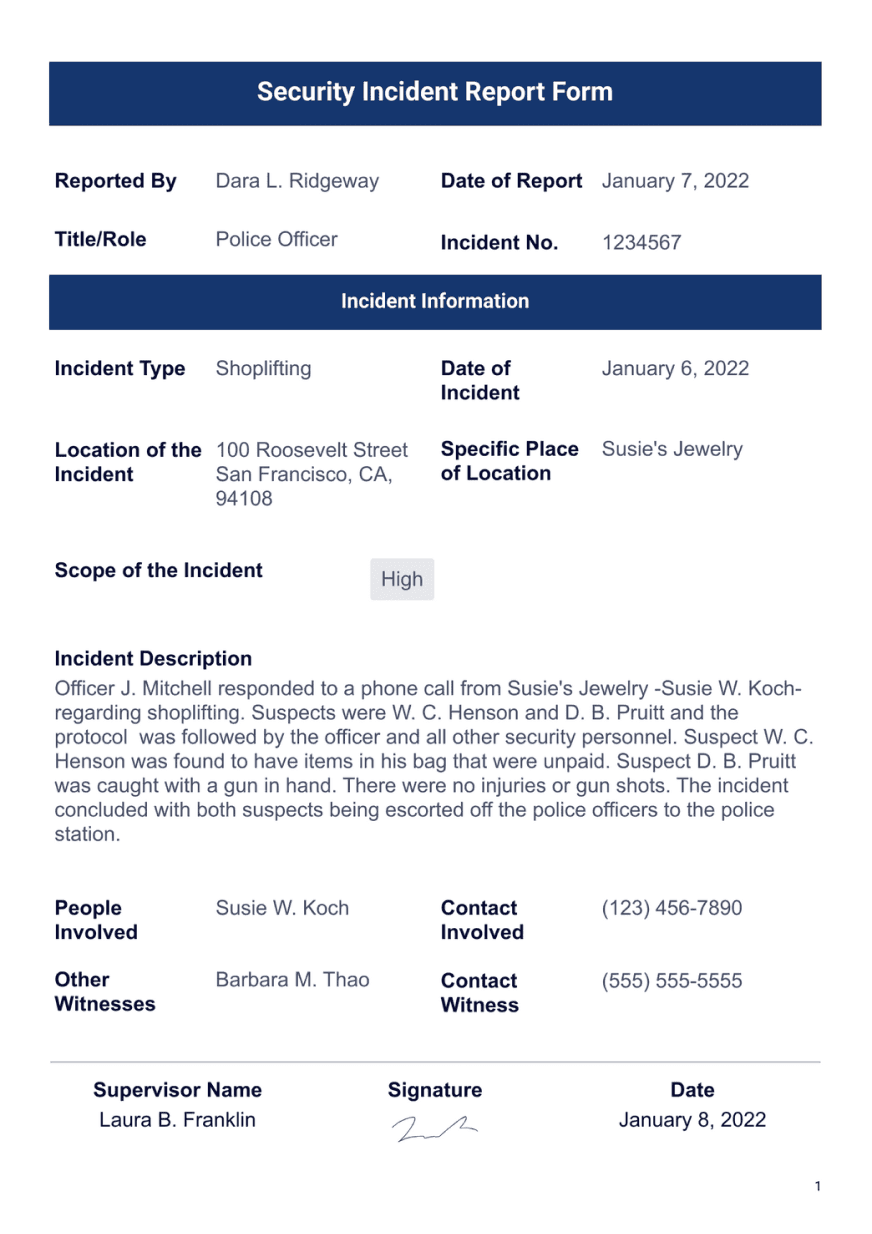 Security incident report form with sections for report details, incident specifics, person descriptions, narrative, actions taken, and reporter information, on a blue header background.