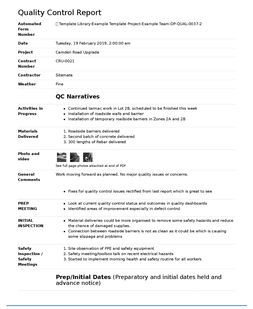 Quality Control Report template with sections for product details, inspection results, non-conformities, corrective actions, and inspector comments, formatted for clarity and efficiency.