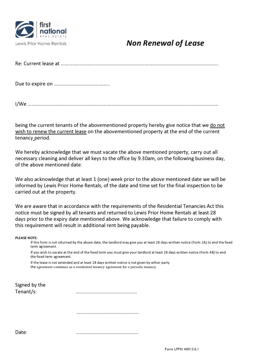 Professional letter template titled 'Non-Renewal of Lease' from a landlord to a tenant, with an address header, date, formal salutation, and detailed paragraphs explaining the non-renewal reasons and terms.