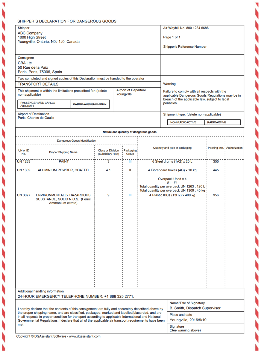 A 'Commercial Invoice' template with red-striped borders, sections for seller and buyer details, shipment information, and itemized list of goods.