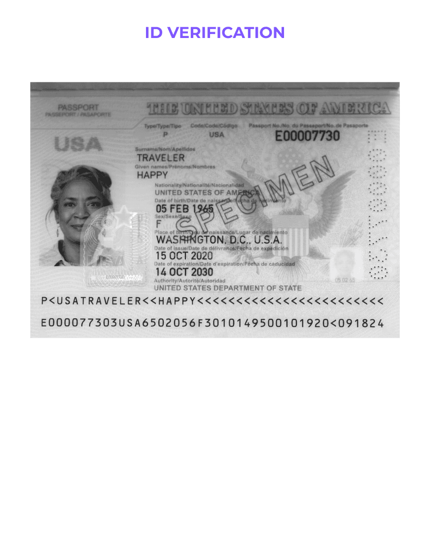 The image features a sample U.S. driver's license in grayscale, with identifiable security features, personal information, and a photo for ID verification purposes.