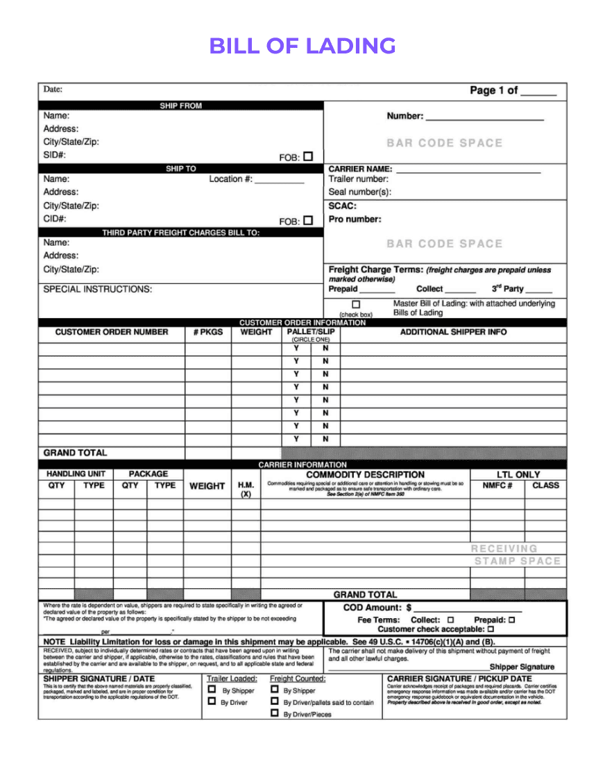 Image of a bill of lading form. The form includes headers for Shipper, Consignee, and Carrier Information, with grid sections for describing the cargo. 'BILL OF LADING' is prominently displayed at the top.