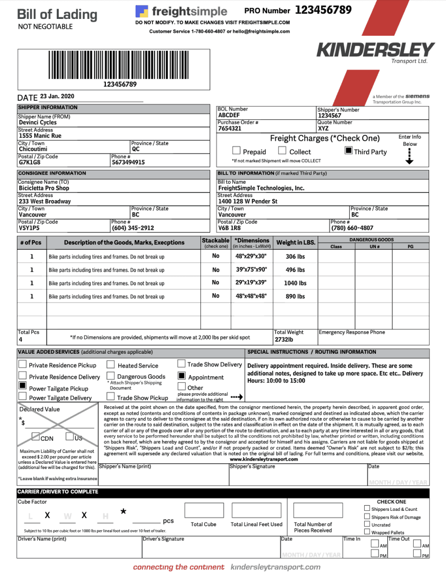 Image of a filled-out bill of lading form for Kingsley shipping company. The top features a red and black company logo on the right and a barcode on the left. Below, sections are populated with information including dates, addresses, and descriptions of shipped items. The bottom section contains a detailed list of goods, terms, and signatures.