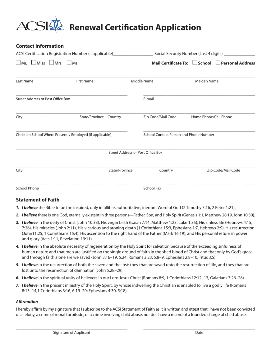Image of a 'Renewal Certification Application' form from the 'NYSED' with sections for applicant information, employment history, and moral character. The top features the 'NYSED' logo and contact information. The document includes fields for personal details, education, and certification areas seeking renewal.