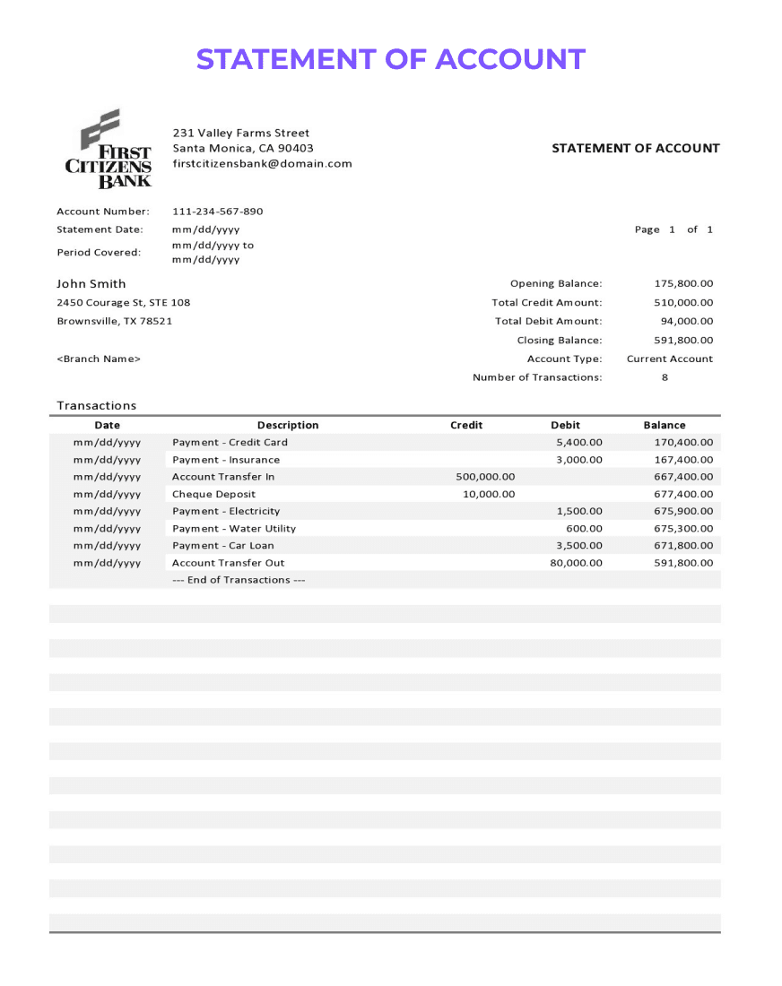 Statement of Account form with a company logo, containing sections for client information, date, activity details, charges, credits, and balance, on a clean layout.
