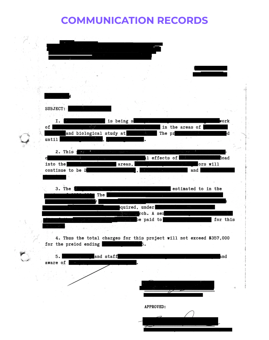 An image displaying a document titled 'COMMUNICATION RECORDS' with sections of text redacted. The visible portions show headers like 'FROM', 'TO', 'SUBJECT', and 'DATE' along with a few lines of text in between the black redaction bars obscuring most of the content.