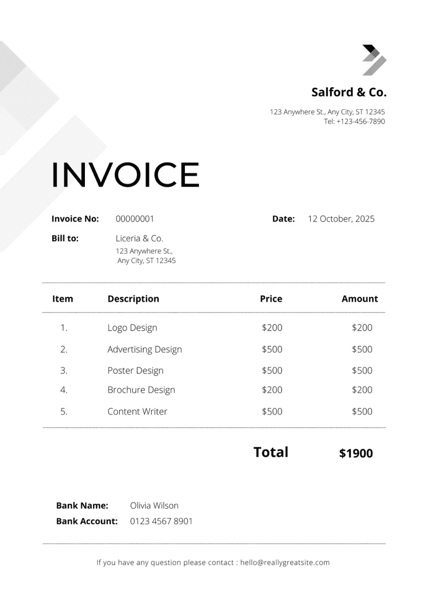Modern invoice design with company name, address, invoice details, a list of services provided with prices, and total amount due, on a clean, minimalist layout.