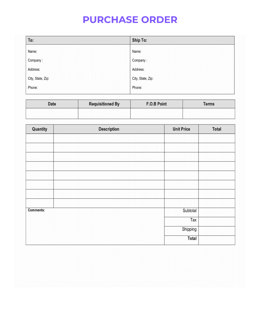 Blank 'PURCHASE ORDER' form with fields for company and supplier details, order number, date, and a table for itemized order descriptions, quantities, and price.