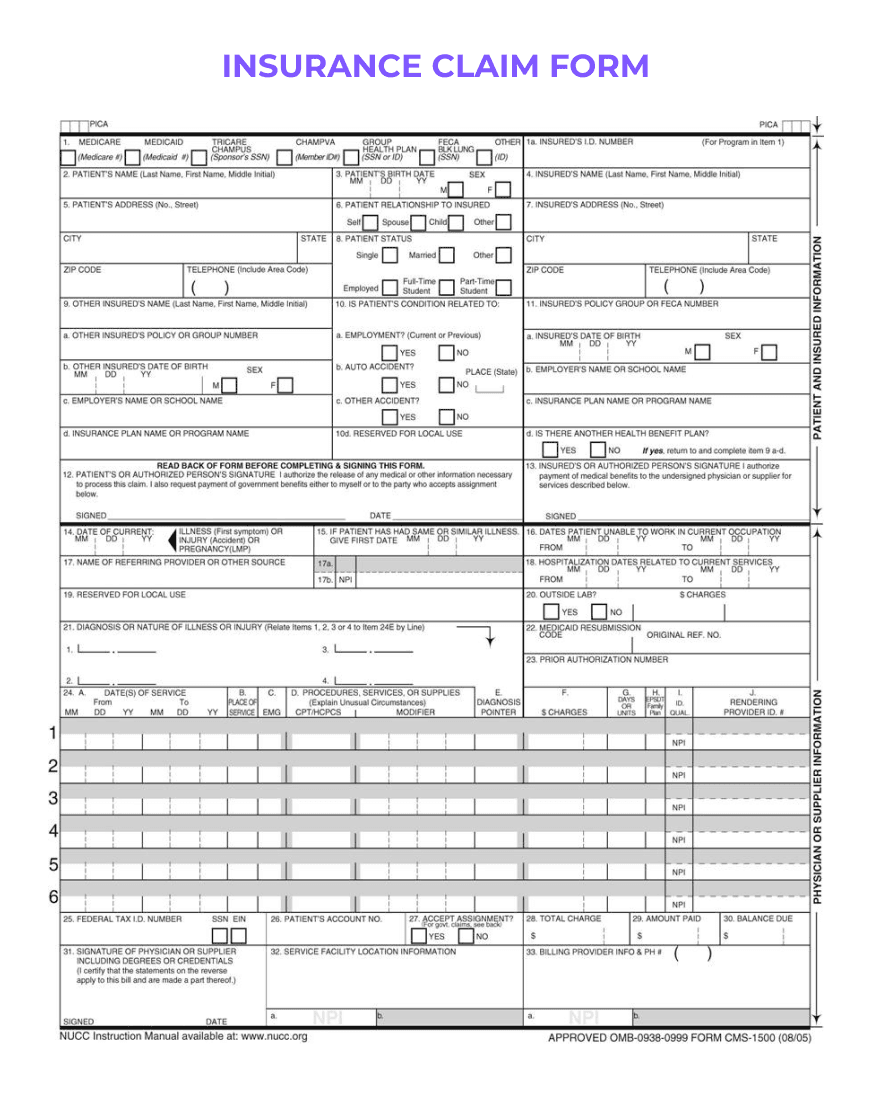 'INSURANCE CLAIM FORM' with sections for policyholder information, claim details, itemized damage or loss, and declaration.