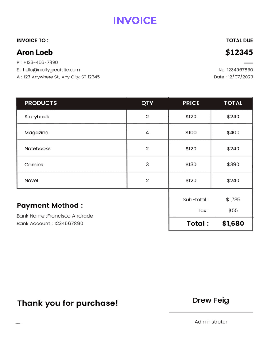 Simple invoice template with address, invoice number, date, table for item description, quantities, unit price, line total, payment method section, and a thank you note.
