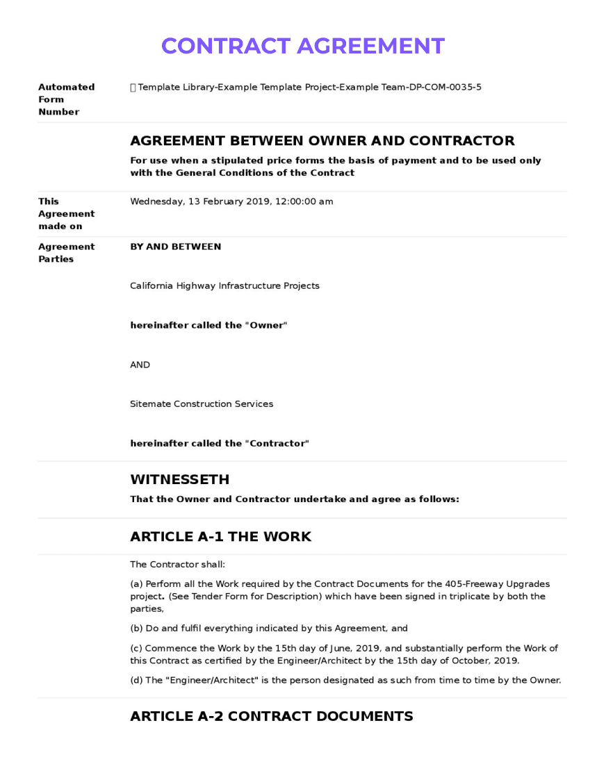Contract agreement form with sections for contract number, date, parties involved, and detailed terms and conditions, presented on a professional template.