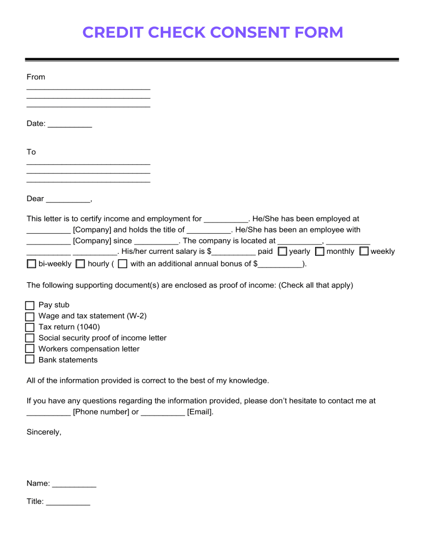 Blank Credit Check Consent Form with fields for personal information including name, address, social security number, and employment details. It contains a disclaimer about the use of information for business purposes and has signature and date lines for authorization.