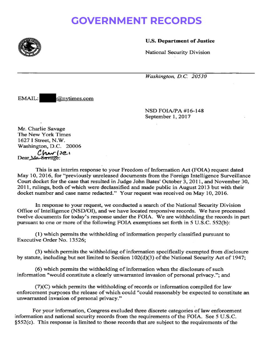 Official government letter with a logo, addressing a recipient about government records, including a reference number, subject line, and signature block at the bottom.