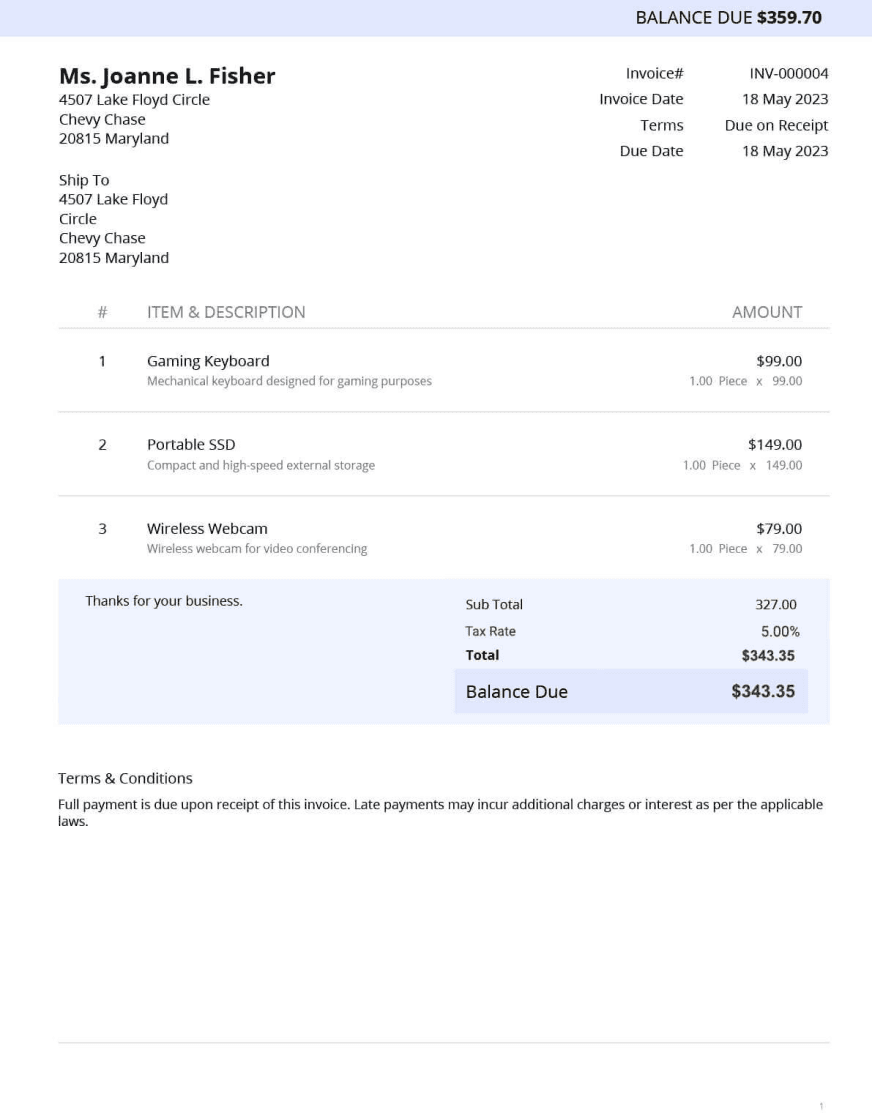Freight invoice template showing sender's details, invoice number, and date, with a table for service descriptions, quantities, unit prices, and total, including a final total weight and payment instructions.