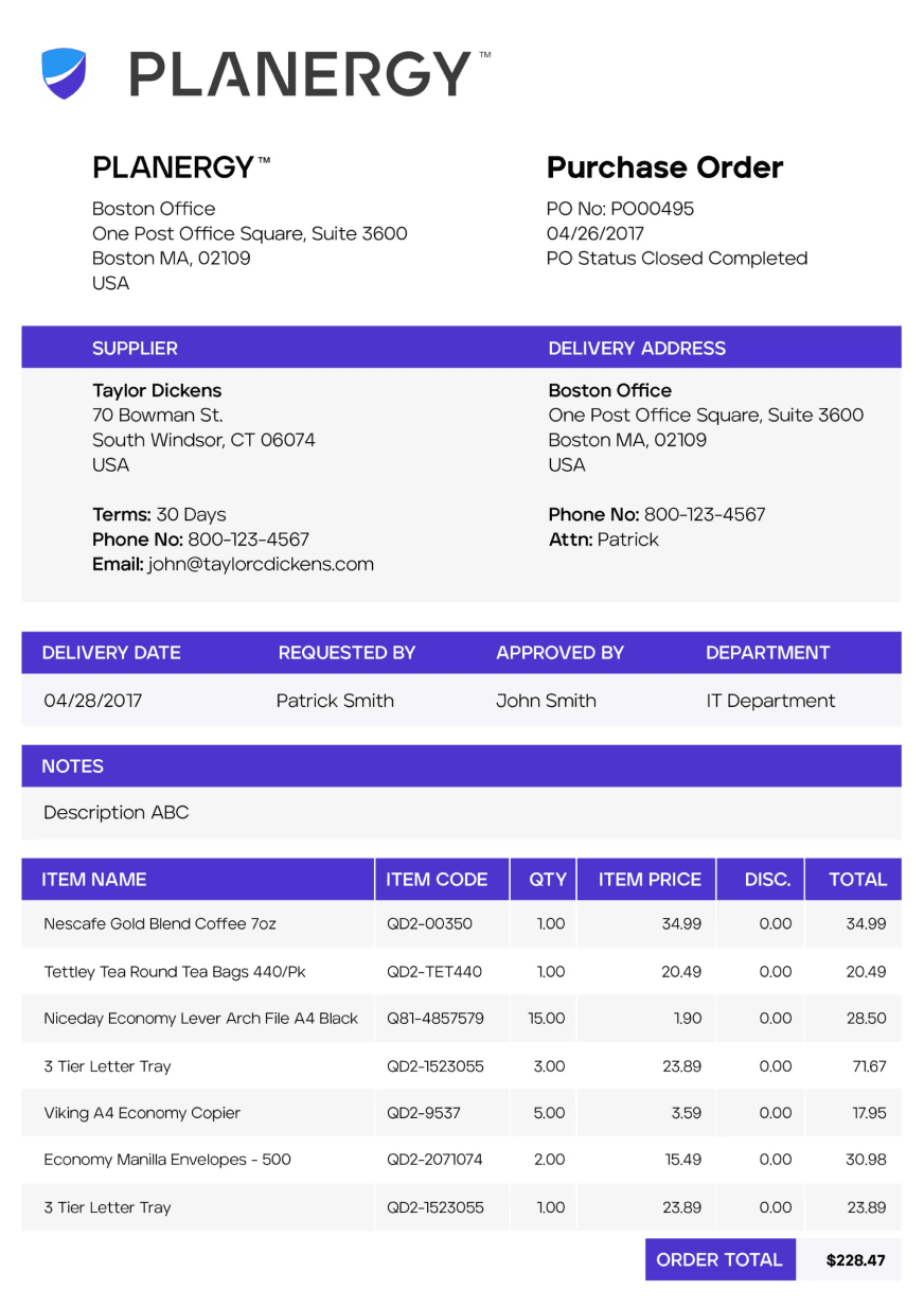 Professional purchase order template with vibrant blue headers from PLANERGY, detailing supplier and buyer information, order number, date, and a list of items with descriptions, quantities, and prices.