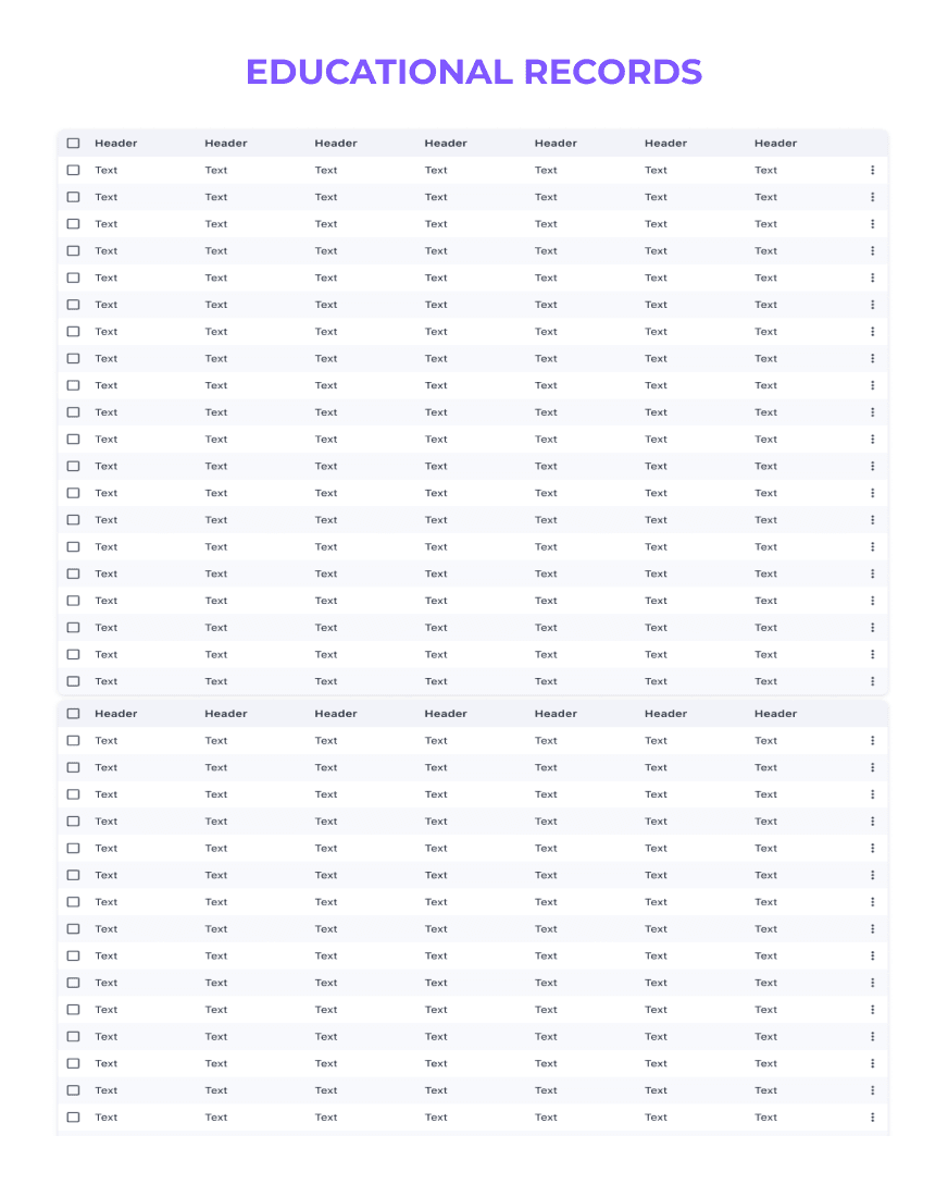 Table titled 'EDUCATIONAL RECORDS' with columns for Year, Degree, University, Grade, and Remarks, against a white background, ready for data entry.