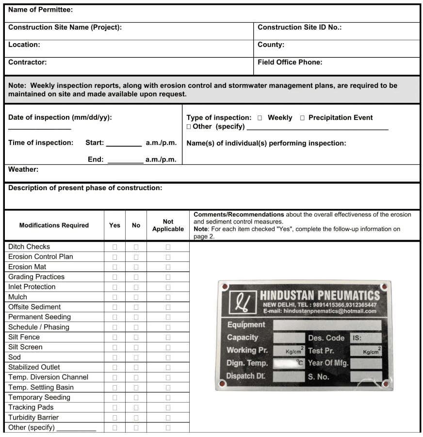 Document for equipment asset management detailing project and equipment information, maintenance records, and a sample equipment data plate image.