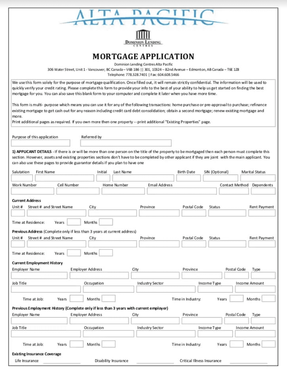 Detailed mortgage application form from a financial institution, including sections for personal, financial, and property information, along with disclosure and consent clauses.