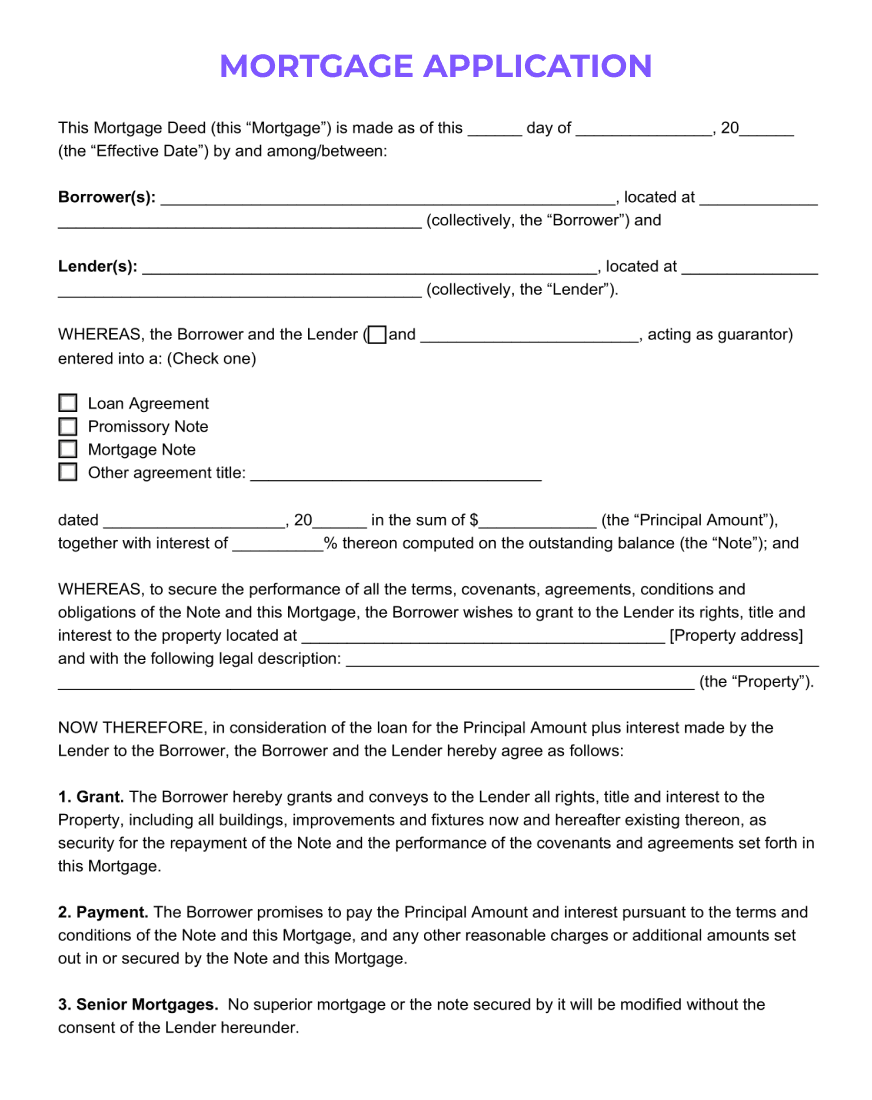 Mortgage application form with fields for borrower information, employment details, property information, loan amount requested, and spaces for applicant signatures.