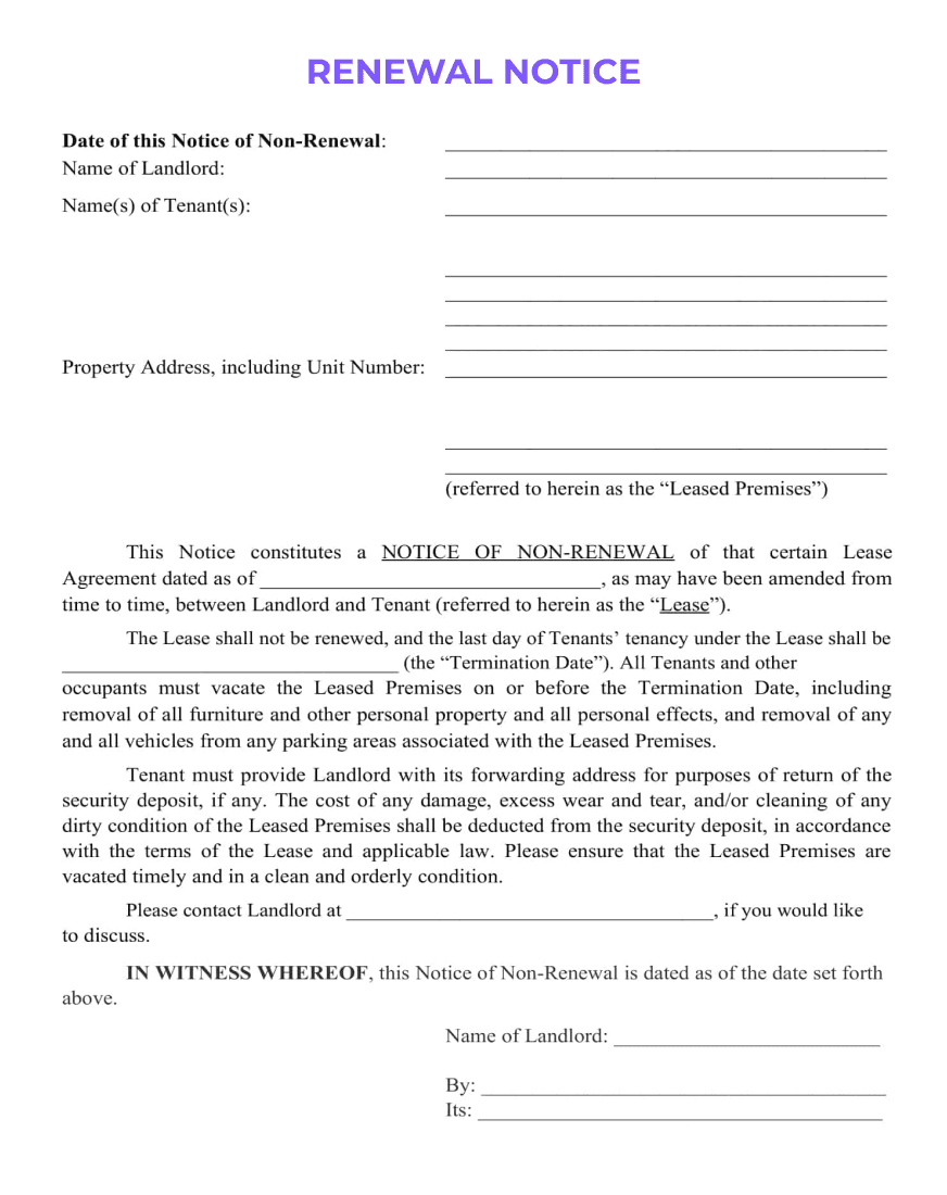 Formal general notice letter template with title, recipient details, a subject line, followed by a body of text outlining the purpose of the notice and actions required, ending with a signature line.